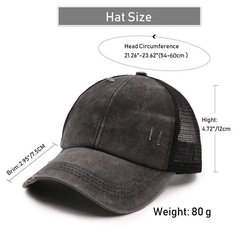 ProMindFun Womens Washed Distressed Cotton Baseball Caps High Messy Bun Ponytail Unconstructed Dad Hats Girls Sun Hat (02-Black) - Image 2